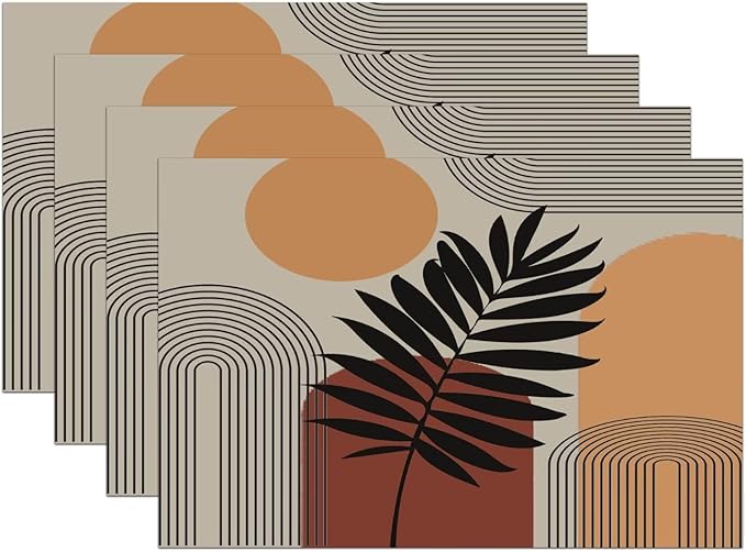 Art Boho Mid Century Placemats, Sun Brown Leaves Rainbow Color Blocks Modern Washable Place Mats 12x18Inch for Dining Kitchen Farmhouse Decor 4 PCS