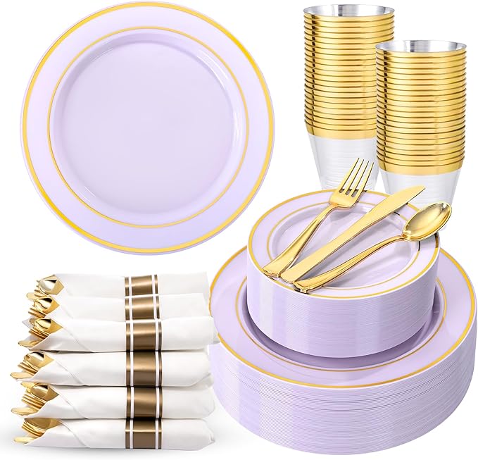 350PCS Purple Plates Disposable - Purple Plastic Plates 50Guests Lavender Disposable Dinnerware Sets with Rolled Napkins for Wedding/Birthday/Baby Shower/Easter