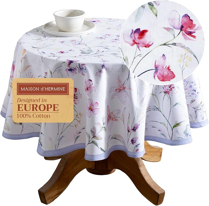 Maison d' Hermine Table Cloth Round Table 100% Cotton 63 Round Inches Tablecloth Reusable Decorative for Dining Room Farmhouse Home Valentines Day Decorations Spring Summer - Summer Floral
