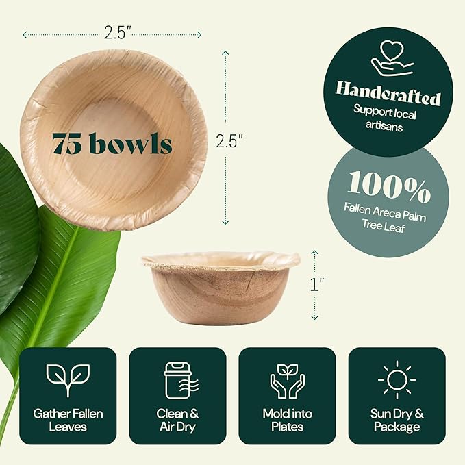 Chic Leaf Palm Leaf Bowls for Rabbits & Small Pets (2.5'', Round, Pack of 75) - Mini Disposable, Compostable, Edible & Chewable Palm Bowls for Bunnies, Hamsters, Guinea Pigs, Chinchillas, Rabbit Toys
