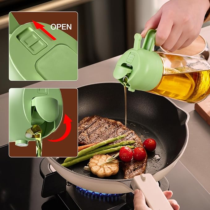 YARRAMATE Olive Oil Dispenser, 2 in 1 Oil Sprayer for Cooking, 16oz/470ml Glass Oil Spray Bottle with Pourer, Food-grade Oil Dispenser and Oil Sprayer for Kitchen, Salad, Frying, BBQ (Black & Green) | 2 in 1, Oil Sprayer, for Cooking, Oil Spray Bottle,...