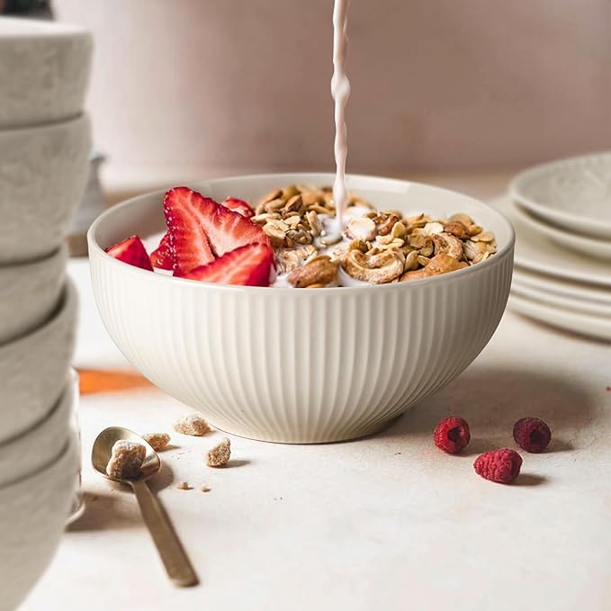Artena Cereal Bowls 26 OZ, Ceramic Soup Bowls For Kitchen, Embossment Bowls For Rice Pasta Salad, White Bowls For Breakfast Lunch Dinner, 6 Inch, Set Of 6, Dishwasher & Microwave Safe, Stripe