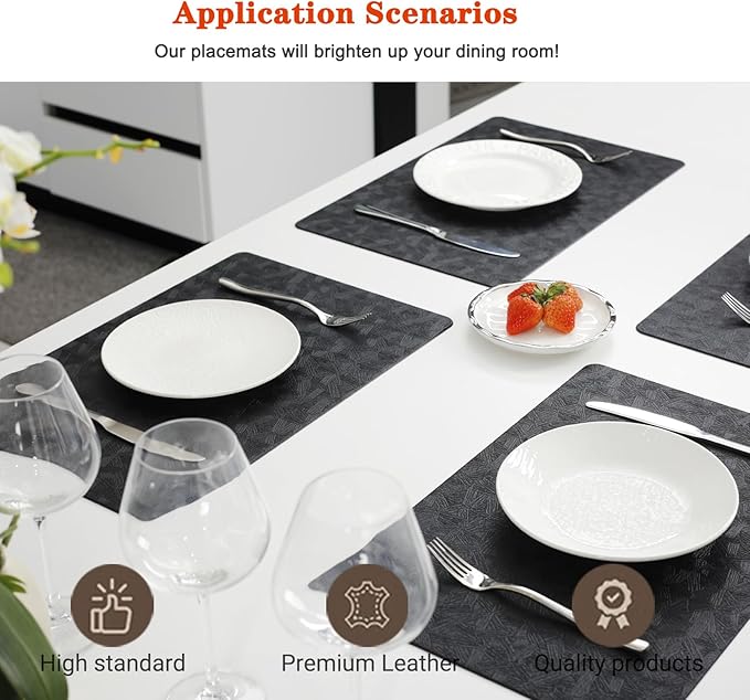 Vinyl Placemats Set of 8 Heat Resistant Easy Clean Non-Slip Place Mats for Dining Table Faux Leather Waterproof Stain Resistant Wipeable Washable PVC Table Mats(8, Black)