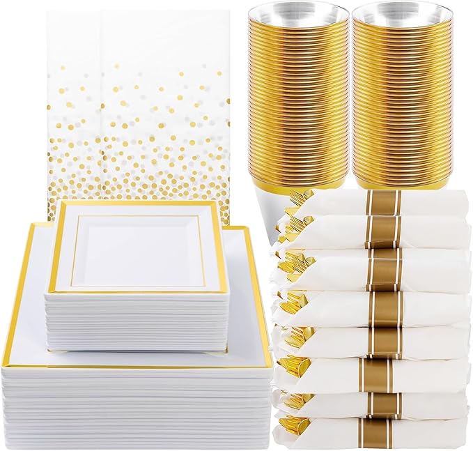 Goodluck 352 Piece Gold Dinnerware Set for 50 Guests, Thanksgiving Square Plastic Plates with Gold Trim, Include: 100 Plastic Plates, 50 Rolled Napkins, 50 Cups, 50 Cutlery Set and 2 Tablecloth