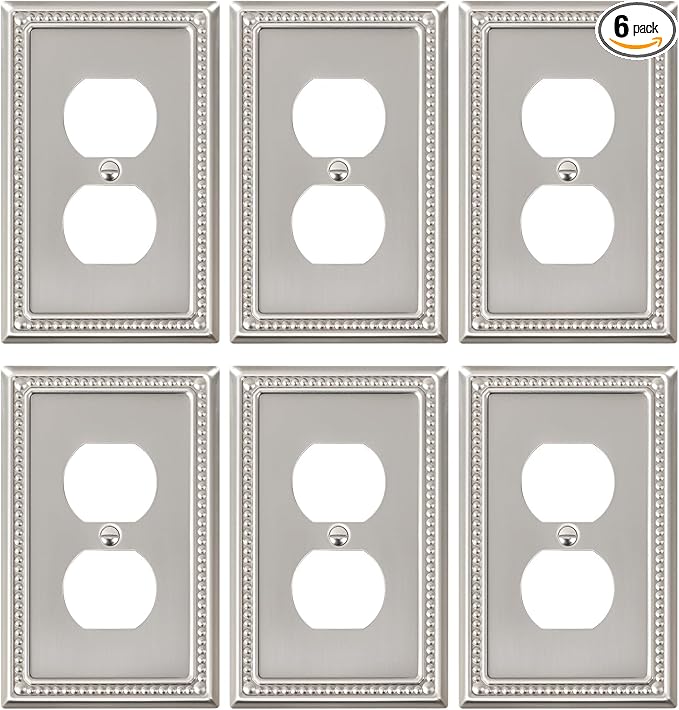 6-Pack Duplex Outlet Cover Plate, Metal Wall Plates for Electrical Outlets, Brushed Nickel 1 Gang Receptacle Cover, Pearls Decorative Switch Plates and Outlet Covers