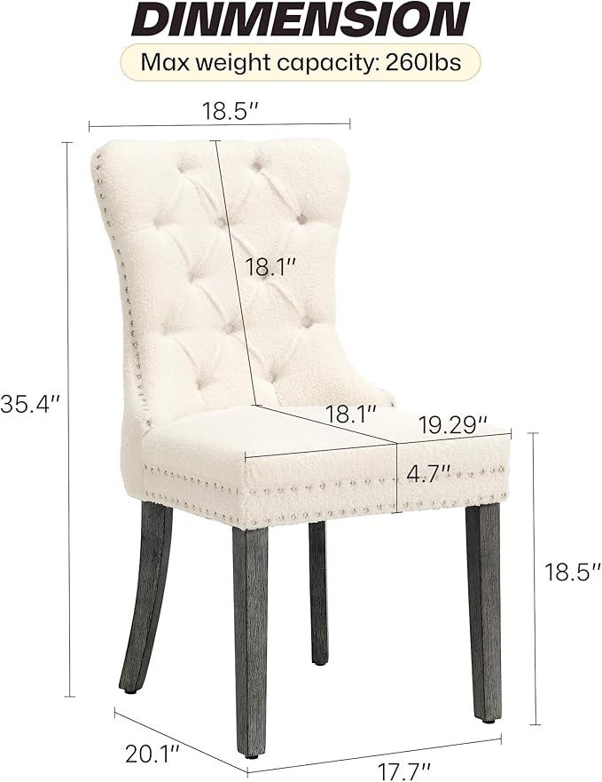 KCC Boucle Dining Chairs Set of 2, Upholstered High-end Tufted Dining Room Chair with Nailhead Back Ring Pull Trim Solid Wood Legs, Contemporary Nikki Collection Modern Style for Kitchen, Cream
