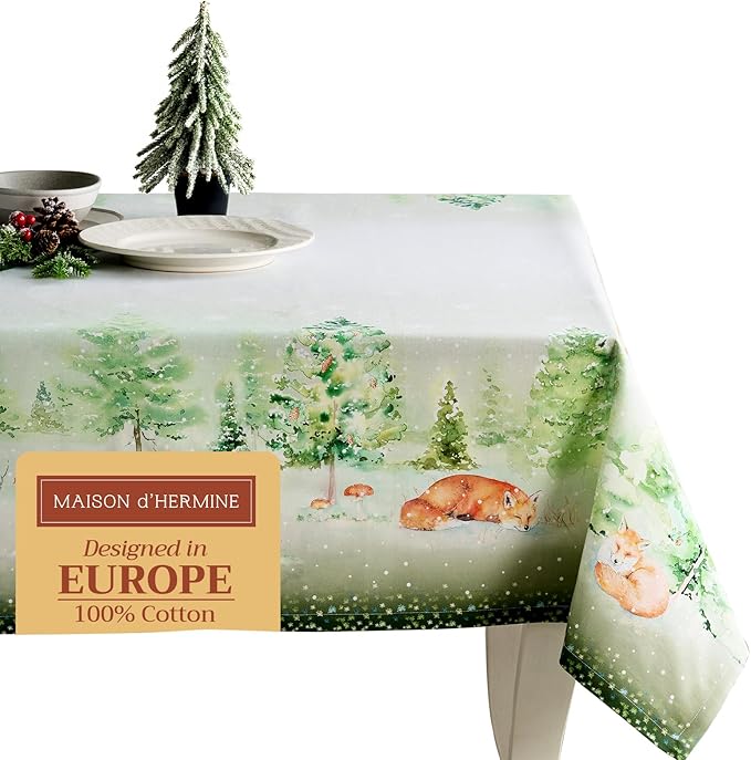 Maison d' Hermine Table Cloth Rectangle Table 100% Cotton 70 x 90 Inches Fall Tablecloth Reusable Everyday Use for Thanksgiving Christmas Decorations Dining Farmhouse Party (Winter Mornings)