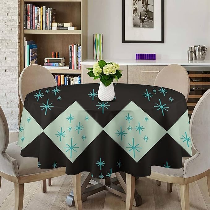 Retro Bohemian Mid Century Round Tablecloth, Abstract Modern Geometric Mid Century Tablecloth for Home Party Dining Room Kitchen Decor 50Inch(127cm)