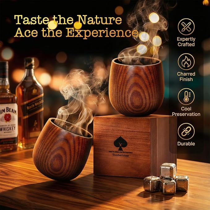 Charred Wooden Whiskey Glass Set of 2 – Durable Bourbon Glass for Men, Insulated Old Fashioned Glass – Whiskey Gifts for Husband, Dad, Brother – Birthday, Christmas, Father's Day