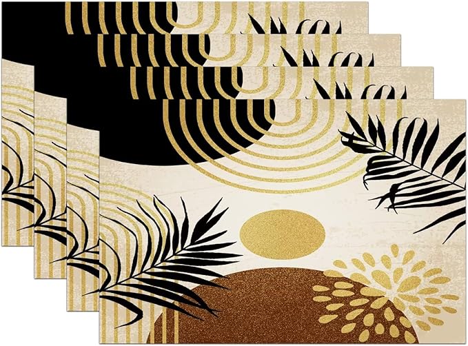 Boho Mid Century Placemats Abstract Golden Dots Leaves Modern Geometric Minimalist Aesthetic Washable Place Mats 12x18Inch for Dining Kitchen Farmhouse Decor 6 PCS