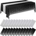 Breling 24 Packs Black and Silver Disposable Plastic Tablecloths and Satin Table Runner Set, 54 x 108 Inch Tablecloth, 12 x 108 Inch Table Runners for Wedding Graduation Birthday Baby Shower