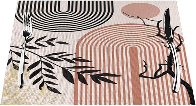 Abstract Mid Century Plant Placemats Boho Retro Tropical Palm Sun Arch Minimalist Modern Aesthetic Geometric Washable Place Mats 12x18Inch for Dining Kitchen Farmhouse Decor 6 PCS
