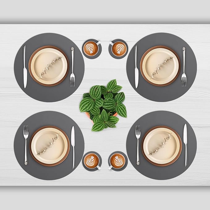 Myir JUN Round Placemats Set of 6 Faux Leather Place Mats and Coasters 15 inch Round Table Mats Dual Sided Non-Slip Stain Resistant Placemats (Gray 01, Set of 6)