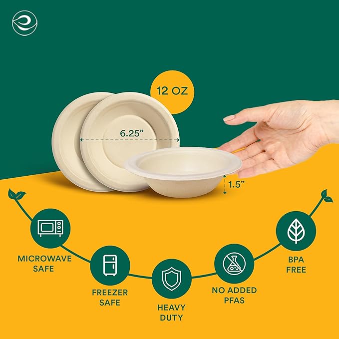 ECO SOUL 100% Compostable 12 Oz Soup Bowls [2 Packs of 100] Disposable Sturdy Bowls I Heavy Duty Paper Bowl I Eco-Friendly Salad Bowl I Biodegradable Small
