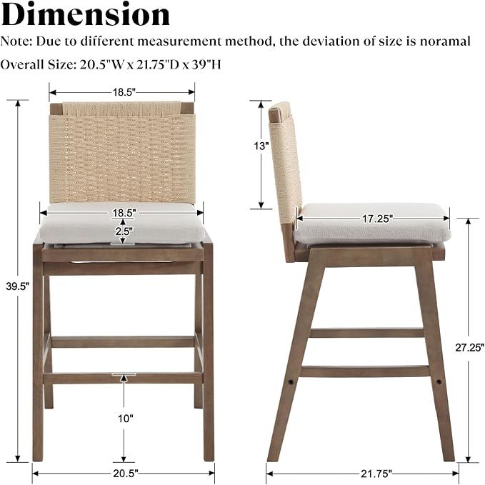 Counter Height Bar Stools Set of 2, 27” Linen Fabric Upholstered Counter Stools with Back, Modern Woven Barstools Mid Century Farmhouse Wooden Bar Chairs for Kitchen Island Dining Room, Beige