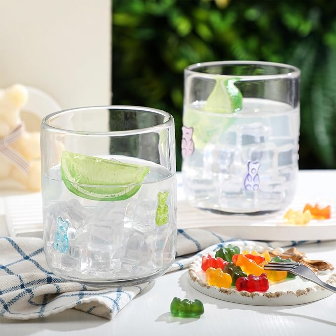 Icon Juice Glasses, 14oz Stemless Wine Drinking Juice Glass Cup for Valentine Party Supplies Gift(2 Pcs,Candy Bear)
