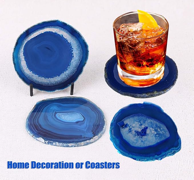 AMOYSTONE Blue Agate Coasters Set of 4, 3.5-4 Inch Polished Gemstone Coasters with Rubber Bumpers, Elegant Wedding Gift for Couples, Home Bar Decor