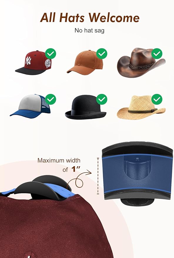 HOUSE DAY Adhesive Hat Hooks for Wall 16 Pack, Strong Hat Rack for Baseball Cap Display Organizer, Hats Holder for Wall, Door, Closet, No Drilling, Black