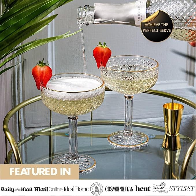 VEMACITY - Embossed Espresso Martini Glasses Set of 2 (10oz) - Gold Rim Coupe Glasses for Cocktails, Champagne & Margaritas - Vintage Art Deco Design | Ideal for Martinis and Margaritas