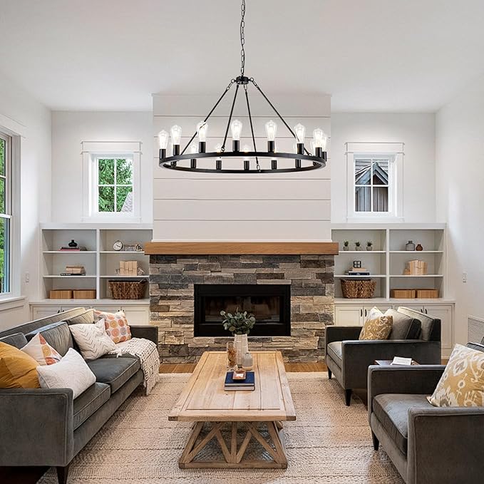 16-Light Black Wagon Wheel Chandelier, 40 inch Farmhouse Chandelier Dining Room, Round Rustic Chandeliers, Vintage Ceiling Hanging Pendant Light Fixture for Kitchen Island Living Room Bedroom Foyer