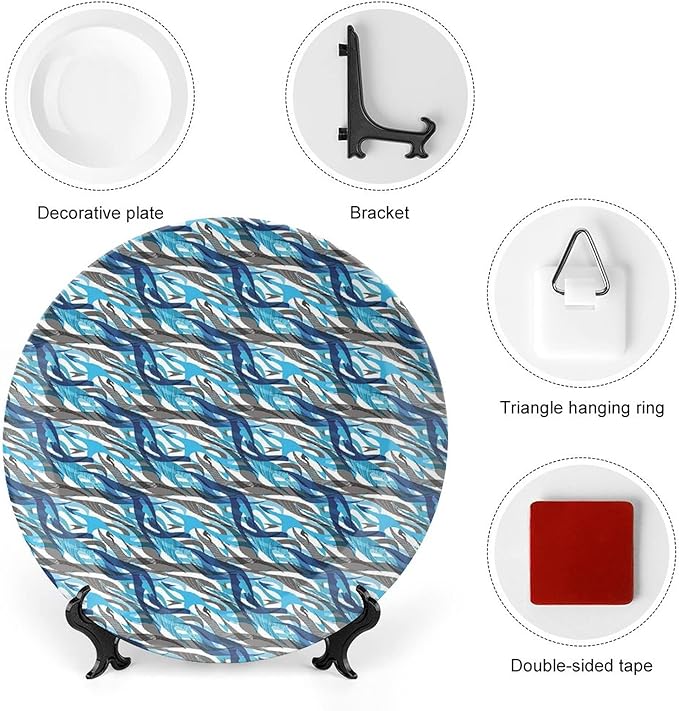 Decorative Plates, Abstract Print Ornament, Modern Art Stripes Swirls Waves Trippy, 8 Inch, Kitchen Wall Decor, Grey Blue White