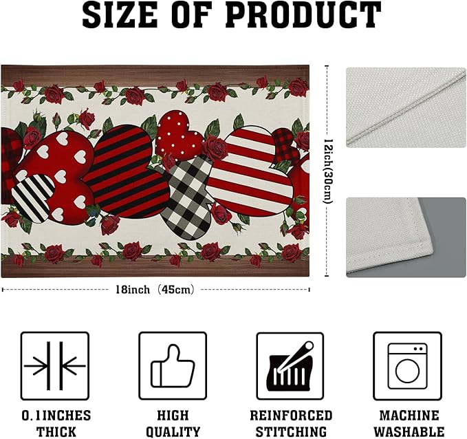 Red Hearts Placemats - Love Place Mats Set of 4 Rose Flower Tablemats 12x18 for Dining Kitchen Farmhouse