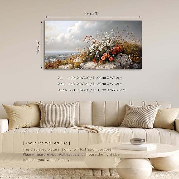 ADJUVANT Wall Art Vintage Coastal Floral Scene 60"L x 30"W, Seaside Wildflowers By The Ocean Canvas Painting Nature Artwork Coastal Blooms Prints Botanic Decor for Living Room Bedroom Bathroom Home Office