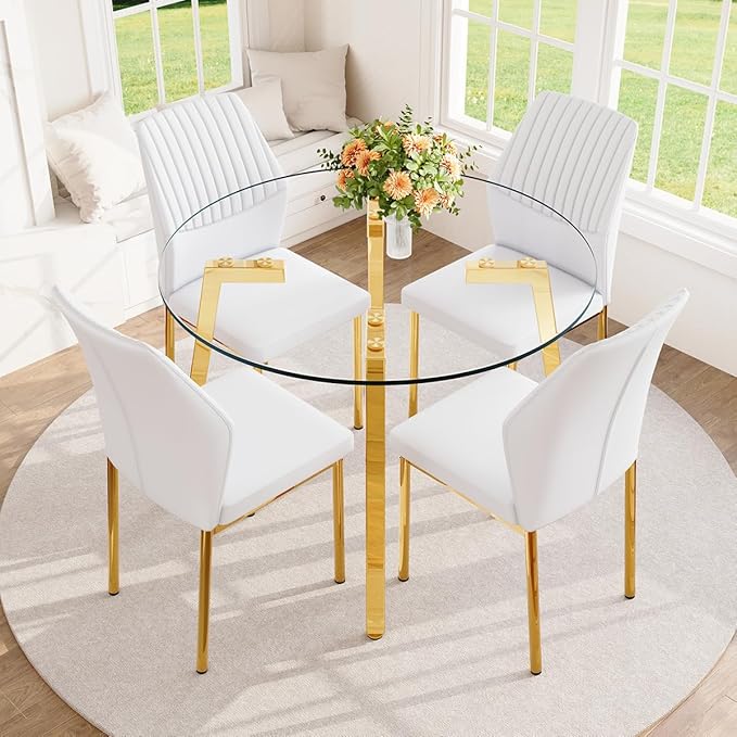42" Round Glass Dining Table Set for 4,Modern Breakfast Table Set for 4 with Luxury Gold Chrome Legs,Space Saving Kitchen Table and White Chairs for Apartment,Easy Assembly