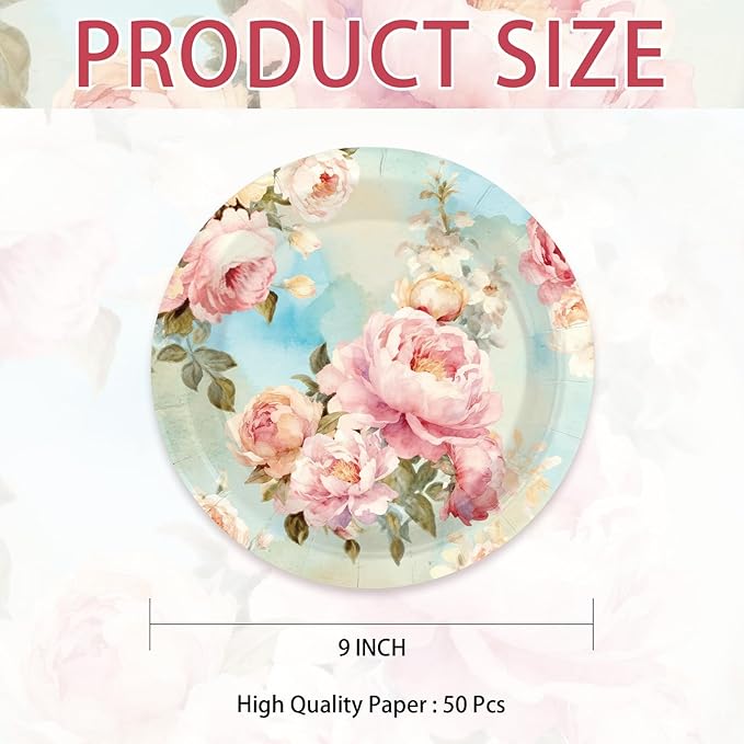 50Pcs Peony Floral Party Supplies 9" Vintage Floral Paper Plates Disposable Pink Peonies Tableware for Birthday Bridal Shower Baby Shower Wedding Party Decorations