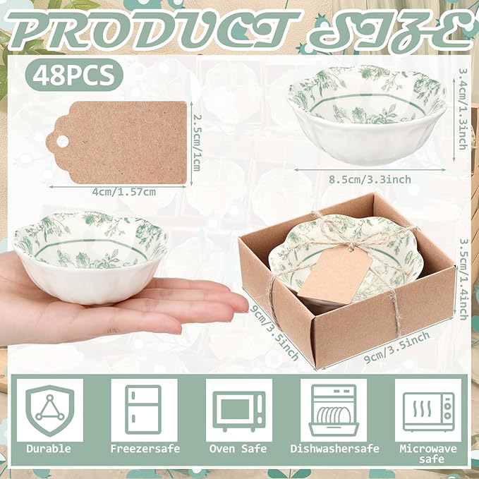 48 Pcs Wedding Favors for Guests Small Ceramic Bowl Bulk Gifts Set 3.3 Inch Floral Design Mini Dipping Sauce Dish with Card Box for Bridal Pooja Baby Shower Birthday Guest Gift (Sage Green)