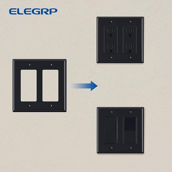 ELEGRP 2-Gang Decorative Wall Plates, Standard Size 4.53" H x 4.57" L Unbreakable Thermoplastic Faceplate Cover for Decorator Receptacle Outlet Switch, UL Listed (1 Pack, Glossy Black)