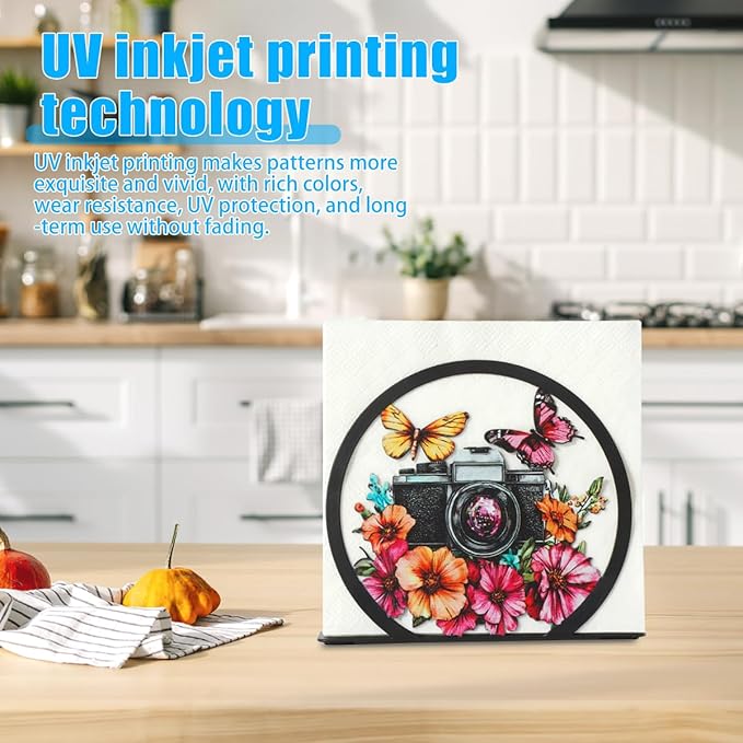 Modern Napkin Holder for Table Decor,Black Metal Napkin Dispenser fit Tissue Mail Bills Paper Towel Holder, Camera Butterfly Napkin Holders,Napkin Stand for Home Kitchen Dining Restaurant Cocktail