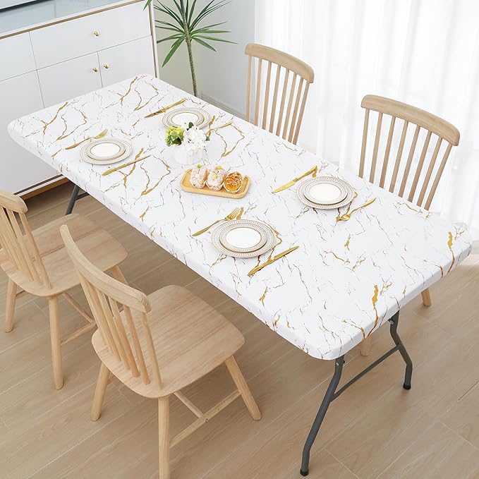 Smiry Rectangle Table Cloth Cover, Waterproof Elastic Fitted Picnic Tablecloth for 6 Foot Tables, Wipeable Flannel Backed Vinyl Tablecloths for Camping, Dining, Outdoor (White, 30" x 72")
