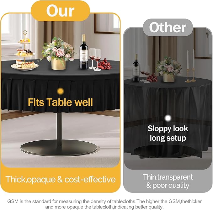 Wish Care 4 Pack Black Spandex Round Tablecloths, 72in, Wrinkle Free, Stretchy Fitted, 6FT Round Table Cloths with Skirt for Wedding, Birthday Party, Banquet