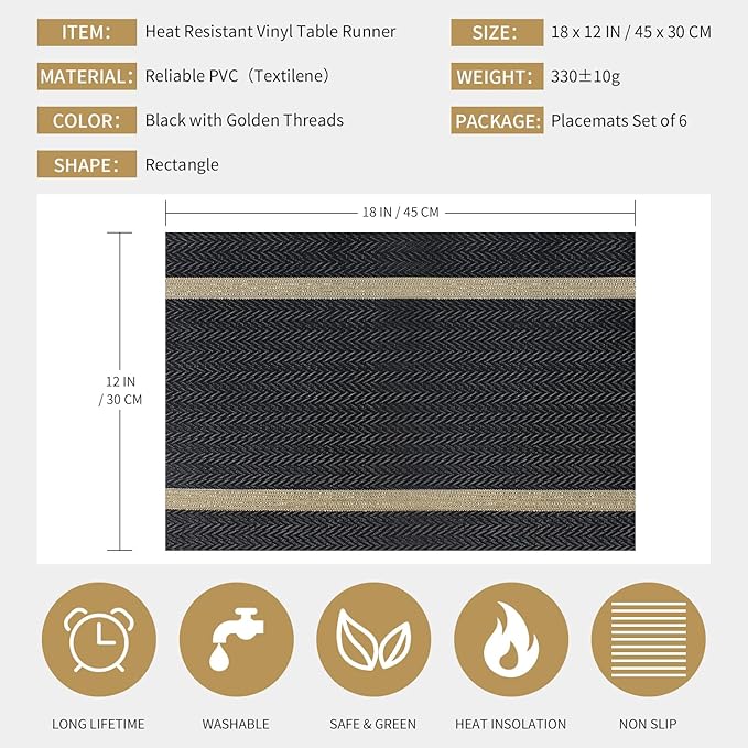 FAVE Placemats Set of 6 Black Placemats Woven with Golden Thread Durable and Wipeable Vinyl Placemat Set of 6 for Wedding, Banquet, Birthday, Party, Restaurant Decorations（Black）