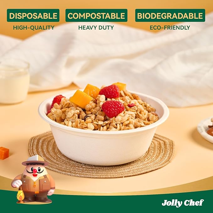 JOLLY CHEF Compostable Disposable Paper Bowls [16 oz] Heavy Duty Soup Uncoated Containers [500 Pack] White Biodegradable Bagasse Hot Cold Food Eco-Friendly Sugarcane Microwavable for Dessert Christmas