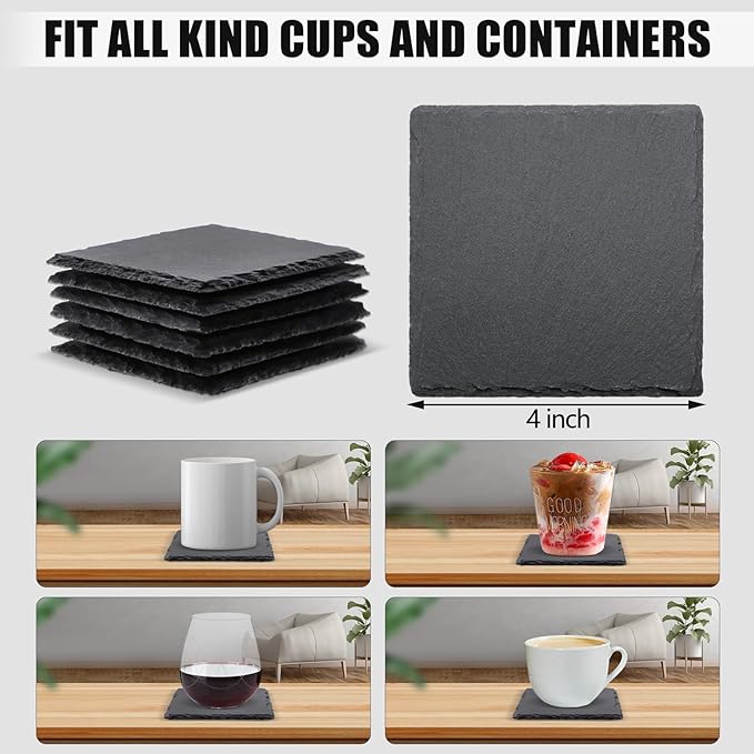 6 Pack Square Slate Drink Coasters, VIBRATITE 4 Inch Black Slate Stone Coasters Bulk Cup Coaster Laser Engraving Blanks with Anti-Scratch Bottom for Drink Coffee Bar Kitchen Home Decor