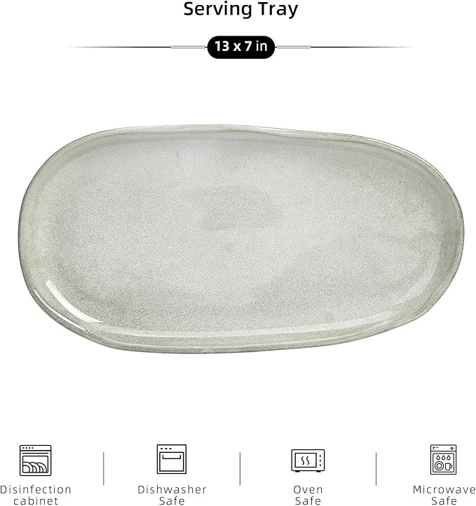 Organic Shape Highland Ceramic Serving Tray, 6pcs 13×7inch Handmade Reactive Glaze ceramic Tray with Wavy Edge, for Kitchen, Microwave & Dishwasher Safe, Scratch Resistant-grey