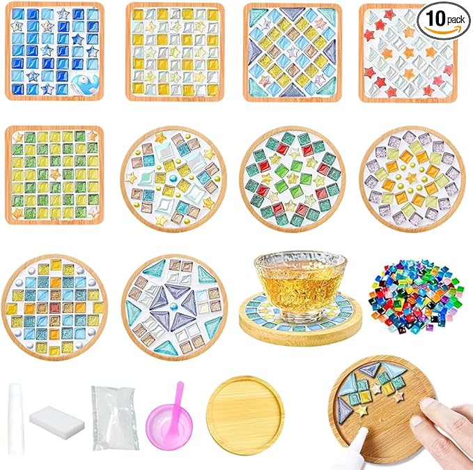 Airsnigi 10 Set DIY Mosaic Tiles for Crafts Mixed Color Glass Mosaic Kits with Wooden Coasters DlY Coasters Kit Mosaic Supplies for Adult DIY Kit Bamboo Coaster Christmas Gift for Drinks Tray