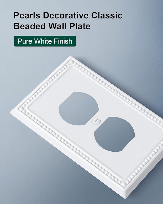 4-Pack Duplex Outlet Cover Plate, Pure White Metal Wall Plates for Electrical Outlets, 1 Gang Receptacle Light Switch Cover, Pearls Decorative Switch Plates and Outlet Covers