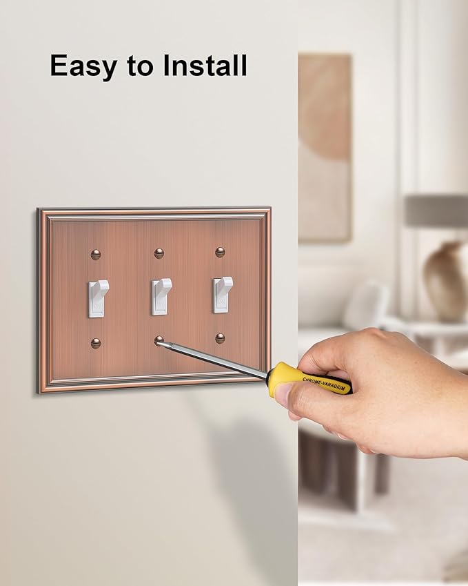 2-Pack Triple Toggle Light Switch Cover Plate, Durable Solid Zinc Alloy Decorative Switch Plate Covers, Antique Copper 3 Gang Wall Plate, Corrosion Resistant