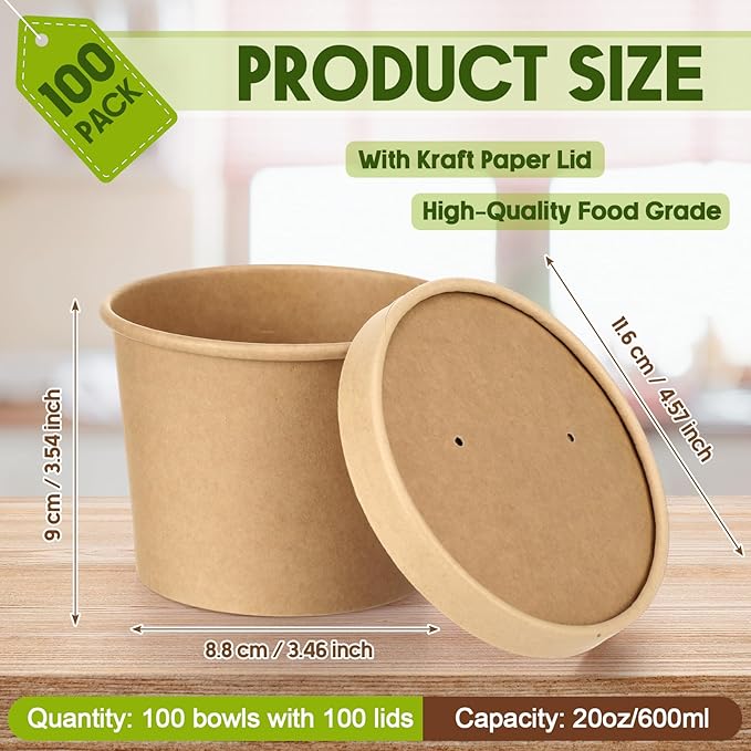 Fulmoon 100 Pack Paper Soup Containers with Lids Disposable Paper Food Containers with Vented Lid Kraft Ice Cream Cake Dessert Cups Soup Bowl for Party Hot Food Fruit Microwave(20 oz,Brown)