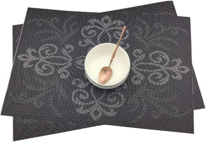 Gugrida Luxury Black Placemats Set of 6 Crossweave Woven Vinyl Placemat for Dining Table Heat Resistant Non-Slip Kitchen Table Mats Easy to Clean