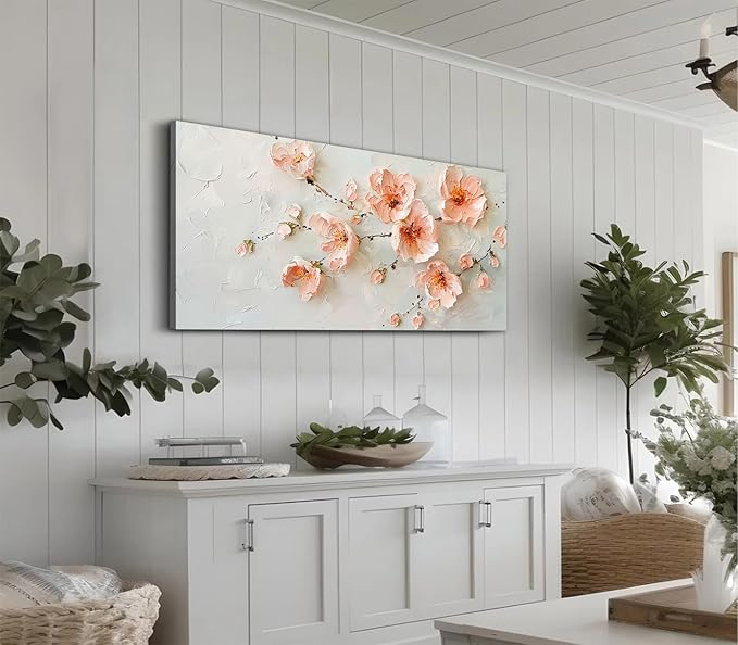ADJUVANT Wall Art Impressionist Pink Floral 48"L x 24"W, Cherry Blossoms Canvas Painting Soft Petals Artwork Pastel Tones Prints Spring Flowers Wall Decor for Living Room Bedroom Bathroom Home Office