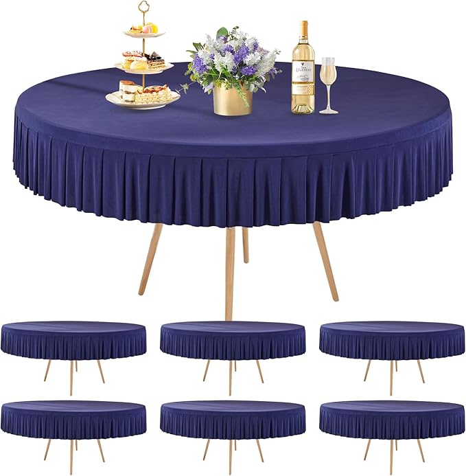6 Pack Navy Blue Spandex Round Tablecloths for 60 Inch Tables - Stretchy Fitted 5FT Cloths, Wrinkle-Free Cover With Skirt for Wedding, Party, Dining, Banquet