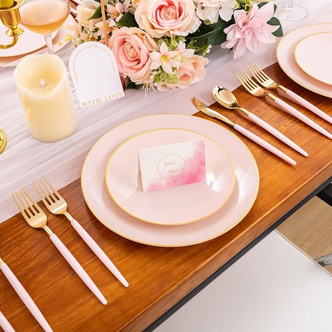 Liacere 150PCS Plastic Plates-Gold Plastic Silverware with Pink Handle - Pink Disposable Plates Include 30 Guests Plates, Forks, Spoons, Knives for Wedding＆Easter Day＆Galentines day＆Valentine's Day