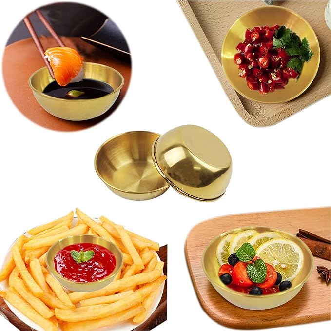 8Pcs Mini Stainless Steel Dipping Sauce Dishes, Round Seasoning Dishes, Sushi Dipping Bowl, Appetizer Plates, Gold 3.27"x3.27"x1.14"