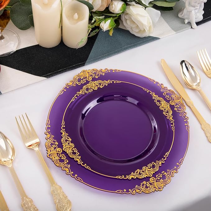 102PCS Purple and Gold Plastic Plates - High End Purple Disposable Plate - Vintage Dinner & Dessert Plates for 51 Guests Birthday Party & Mardi Gras & Wedding