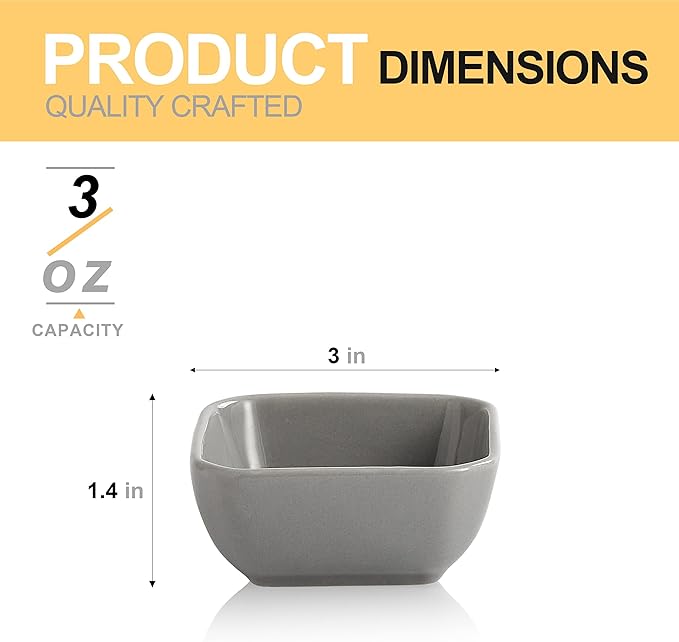 Ceramic Dipping Bowls Set of 6,3 Ounce Porcelain Small Mini Dip Bowl Square Soy Sauce Dish - Good for Tomato Sauce, Sushi Soy, BBQ,Charcuterie Board(Grey)