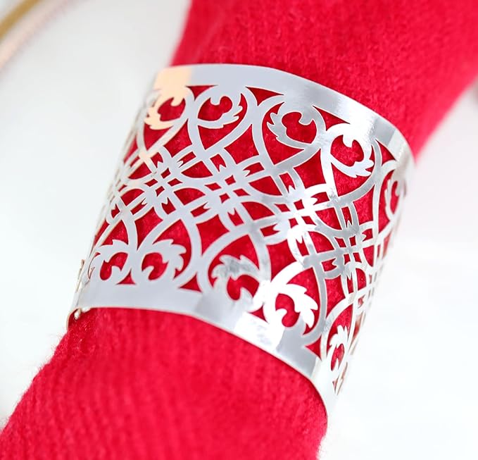 100 Pcs Napkin Rings Laser Cut Premium Paper Napkin Holder for Wedding Party Christmas Dinner Serviette Table Restaurant Celebration (Silver)